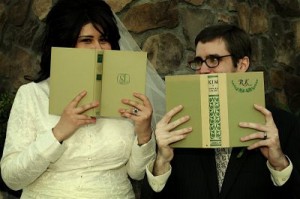 library themed wedding photo