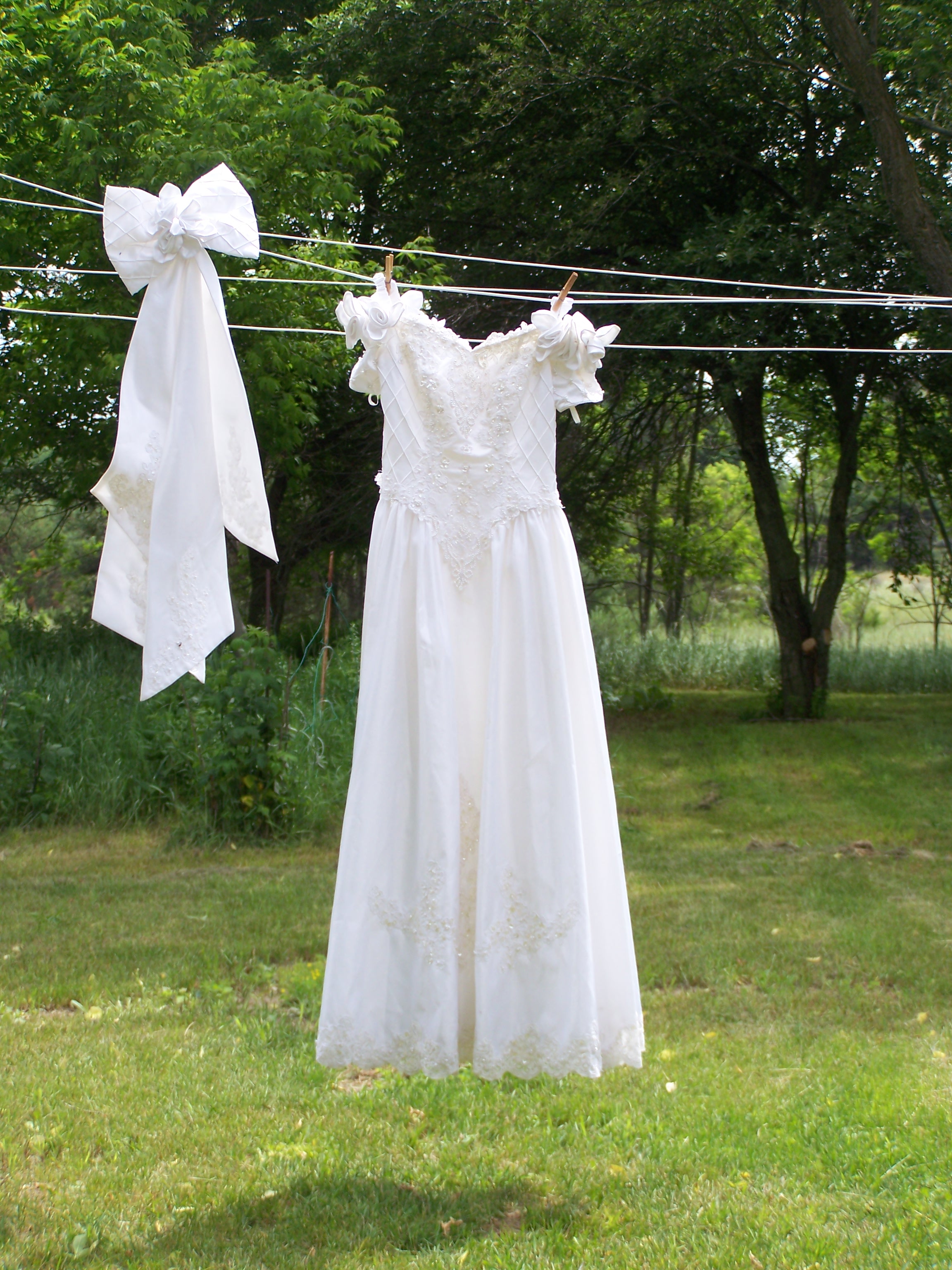wedding dress on clothesline