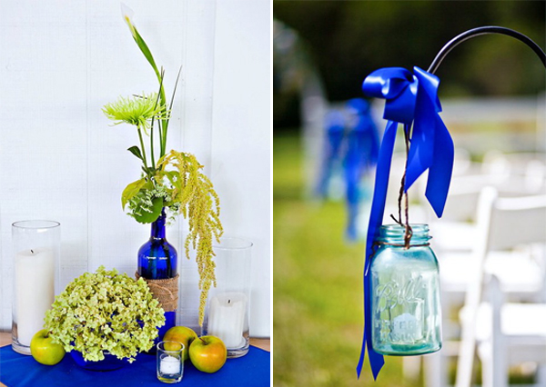 blue wedding decor details mason jars and wine bottles
