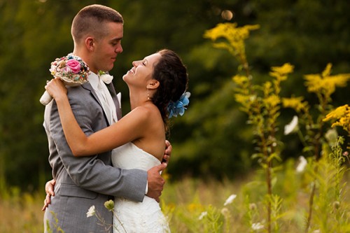 wedding couple in field