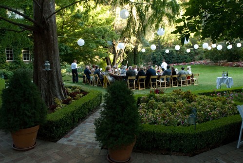 Intimate wedding reception in the gardens of a gorgeous Tudor estate in the hills above Napa Valley. Photo courtesy of Susan Adler Photography