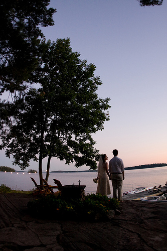 bride and groom sunset on lake