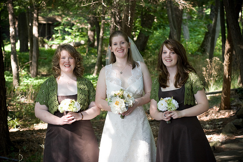 bridesmaids outdoor wedding wearing brown and green