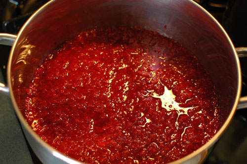 making homemade raspberry jam