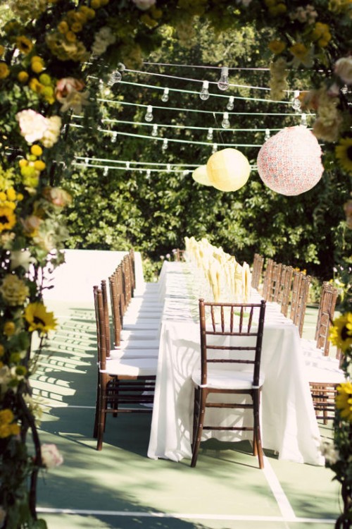 outdoor wedding with pom poms