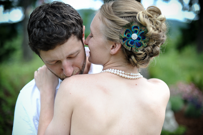 bride with blue flower in hair