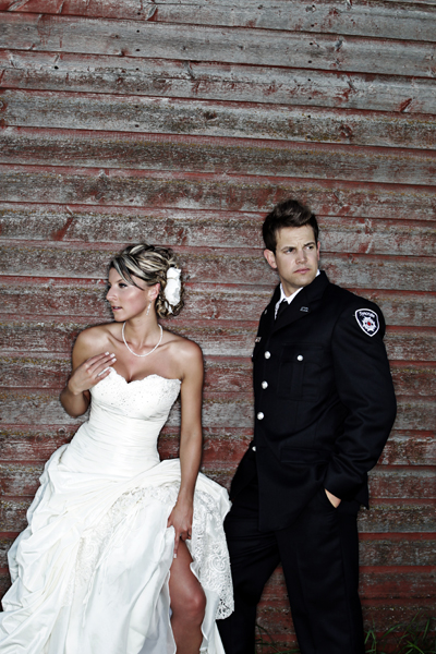 bride and groom farm portrait