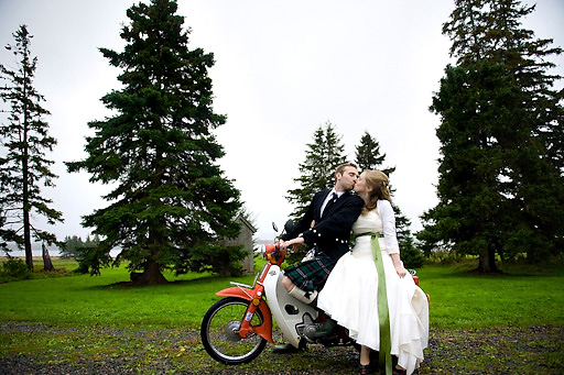 bride and groom on motorcycle