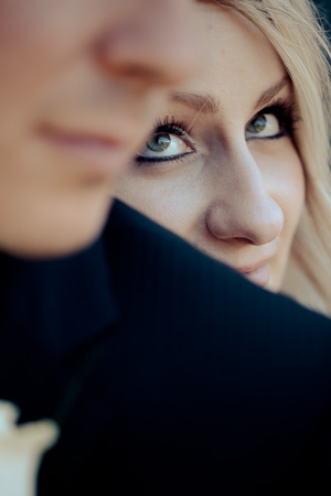 bride staring up at groom