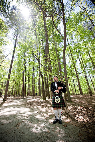 wedding bagpiper in the woods