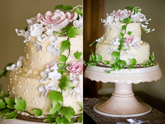 pale yellow wedding cake with pink rose