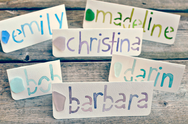 name cards with sea glass