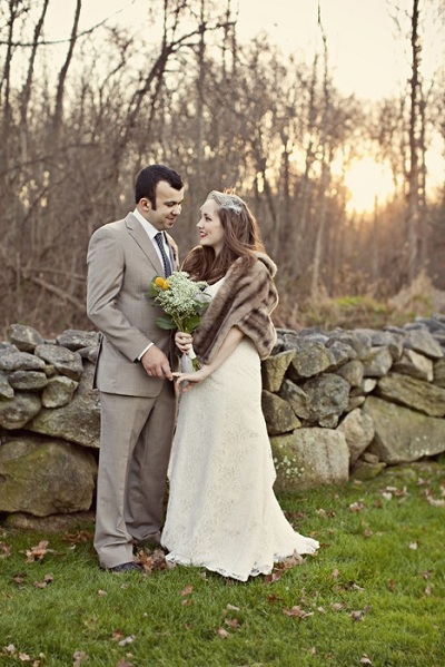 bride and groom at sunset on farm