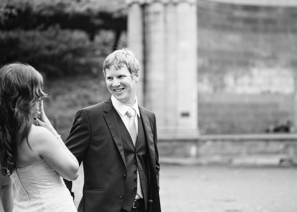 bride and groom first look session