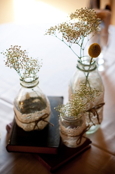 lace and baby's breath centerpieces