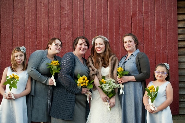 bridesmaids with billy button bouquets