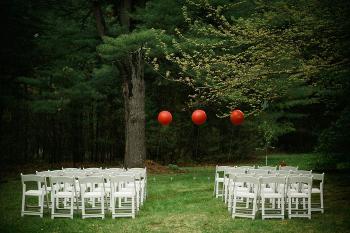 Backyard Massachusetts wedding with red balloons