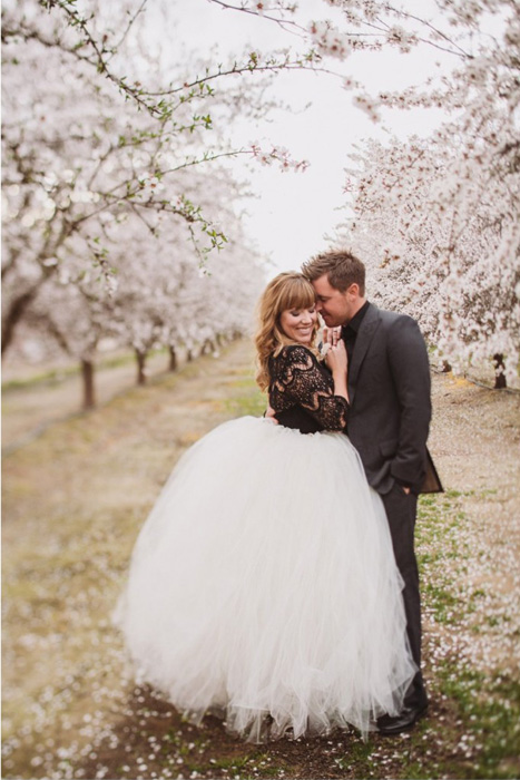 Black lace top and white tulle wedding skirt