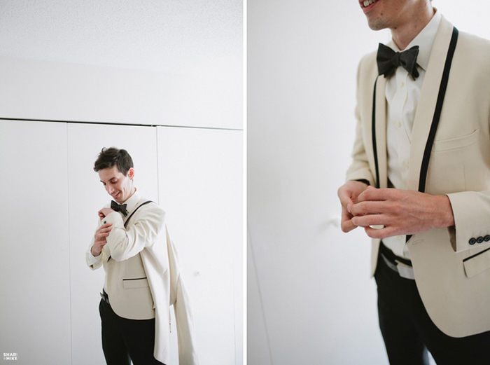 White tuxedo with black trim