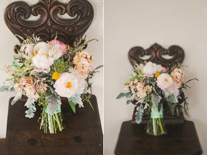 wedding bouquet on ornate wooden chair