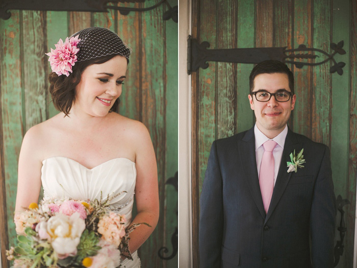 bride and groom portraits against green door