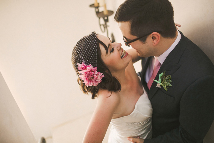 bride with pink peony fascinator