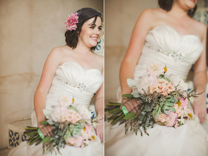 bride with blush pink and white wedding bouquet