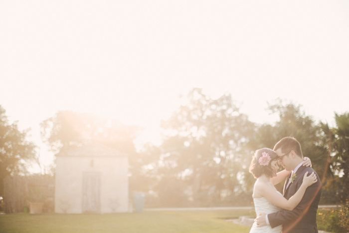 bride and groom portrait at sunset on Le San Michele grounds