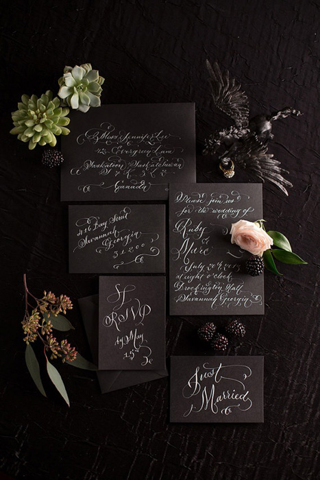 black wedding invitations with white calligraphy