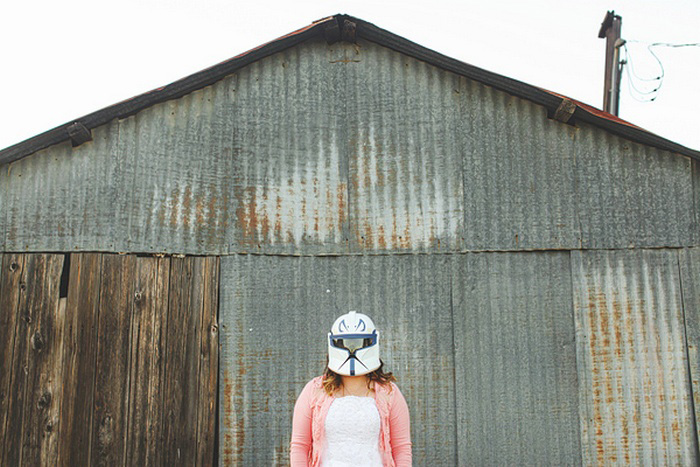 bride in Star Wars helmet