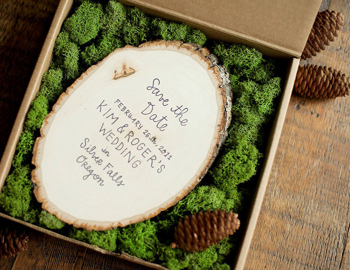 stamped wood slice save the date