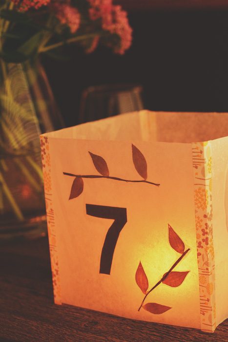 DIY Illuminated Table Numbers - waxed paper and leaves