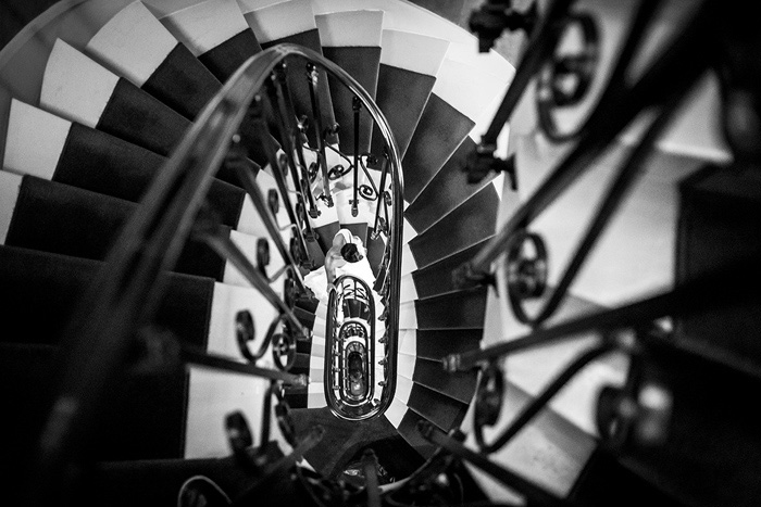 bride on Parisian staircase