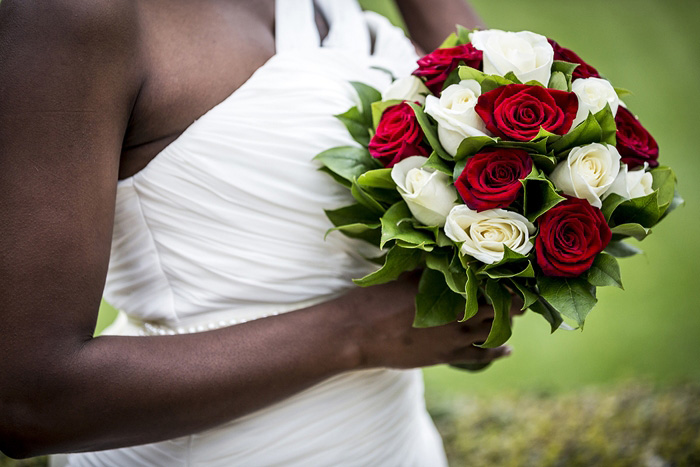 red and white rose wedding bouquet