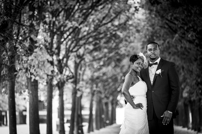 Black and white portrait of bride and groom in Paris