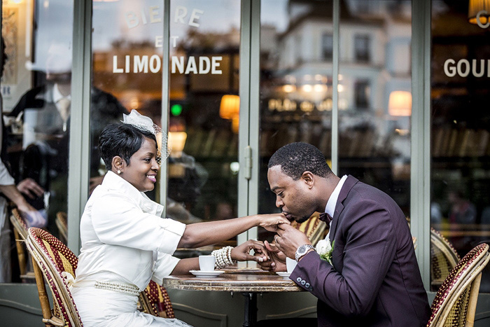 bride at Parisian cafe