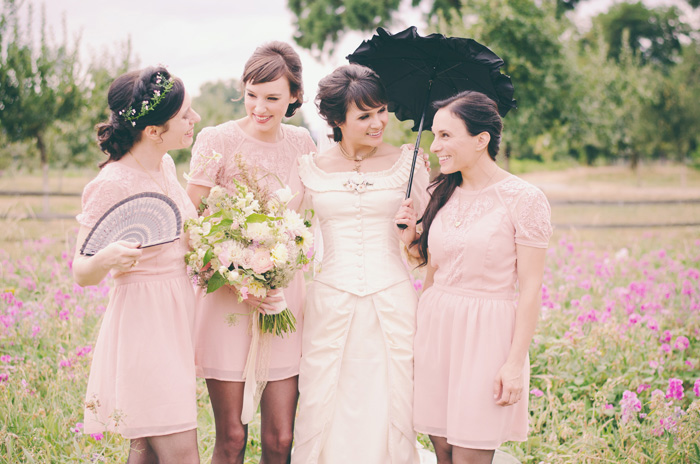 bride with her maids in pink