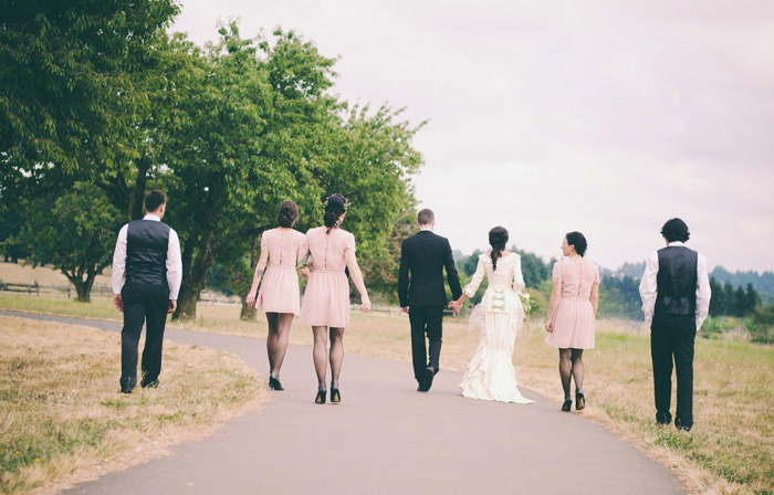 bridal party walking in Fort Vancouver