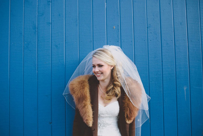 bride in winter coat