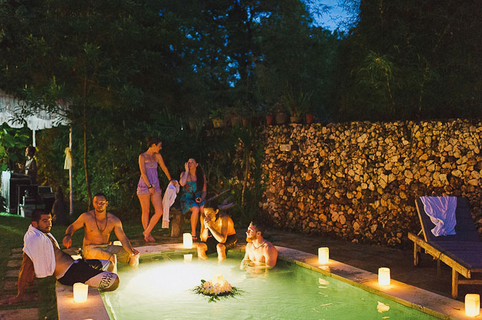 wedding guests in the pool