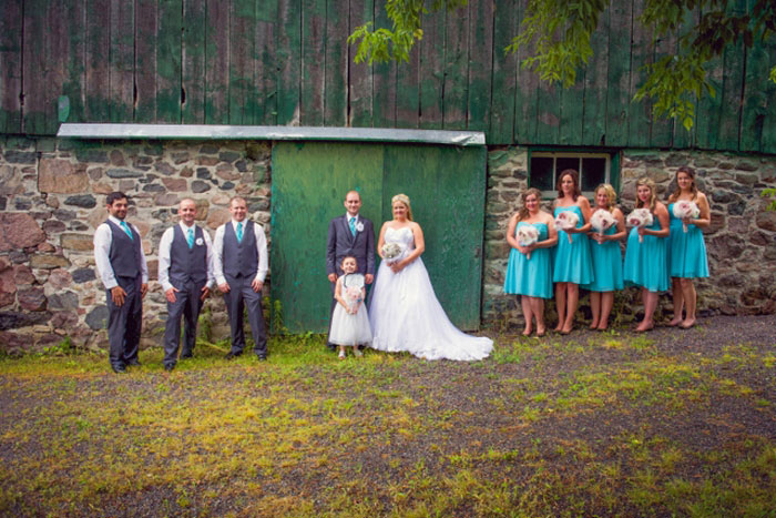 barn wedding party portrait