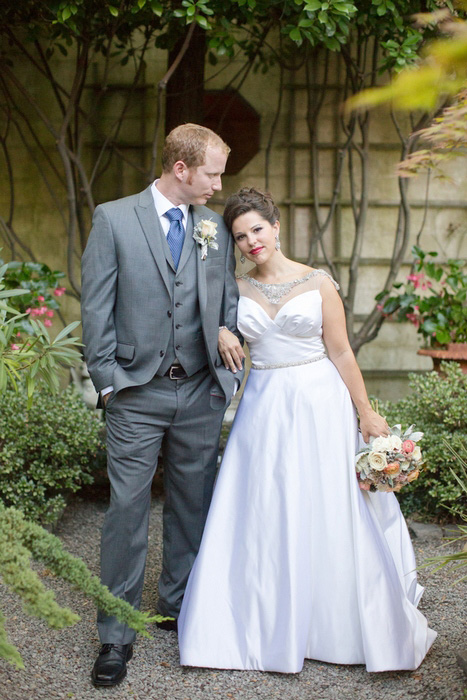 bride and groom garden portrait