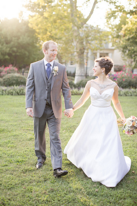 bride and groom on garden lawn