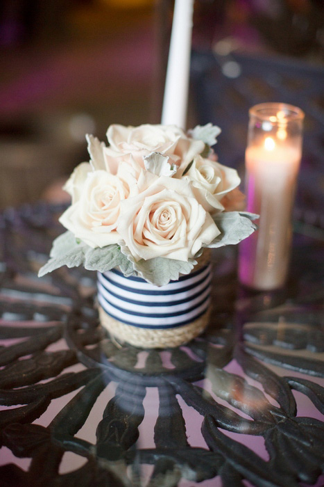 rose centerpiece in striped vase