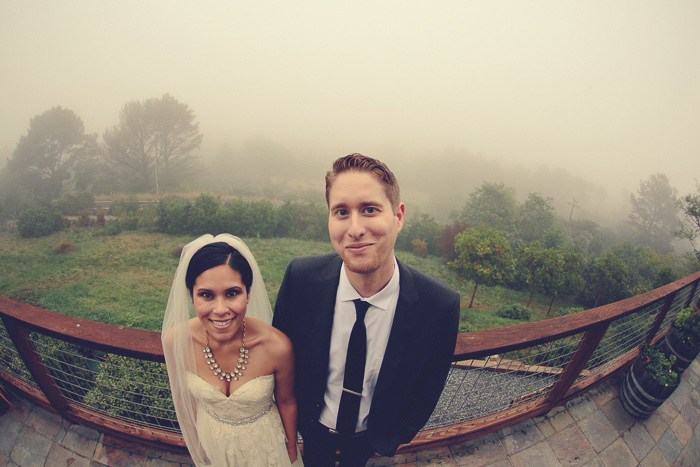 Bride and groom fish-eye portrait