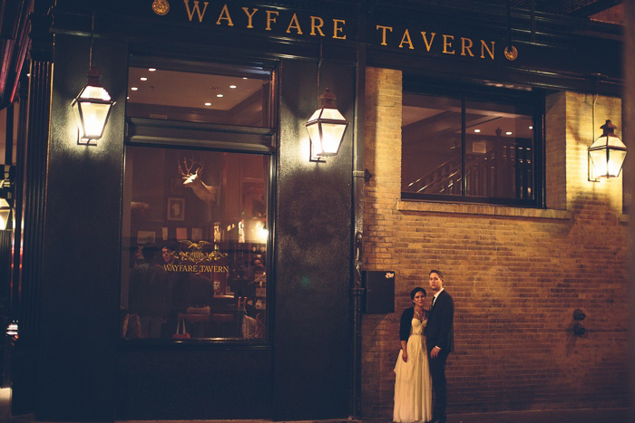 bride and groom outside Wayfare tavern