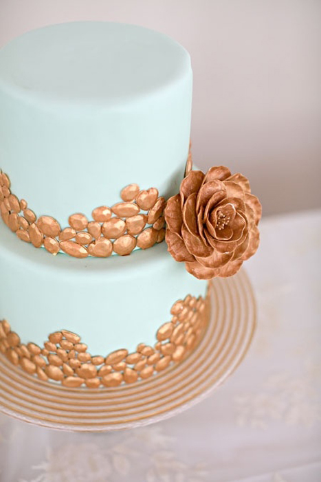 copper and teal wedding cake