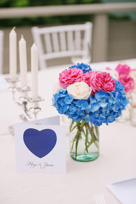 pink, white and blue wedding centerpiece