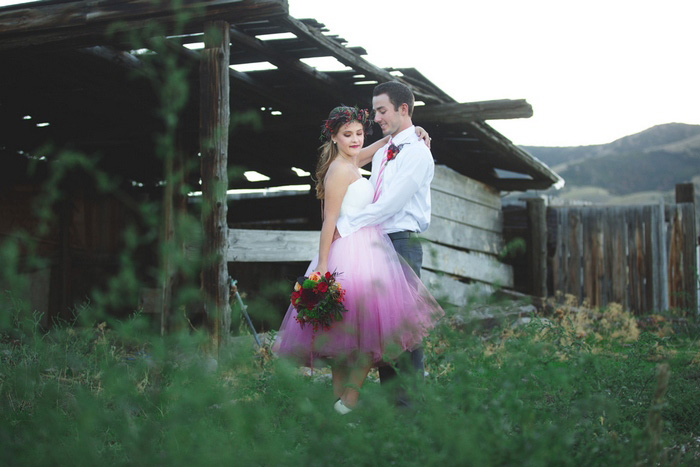 bride and groom on the farm