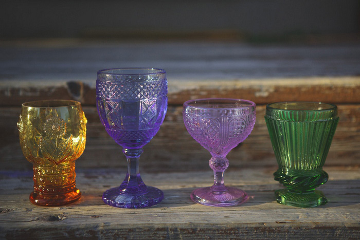 vintage colored glass wedding decor